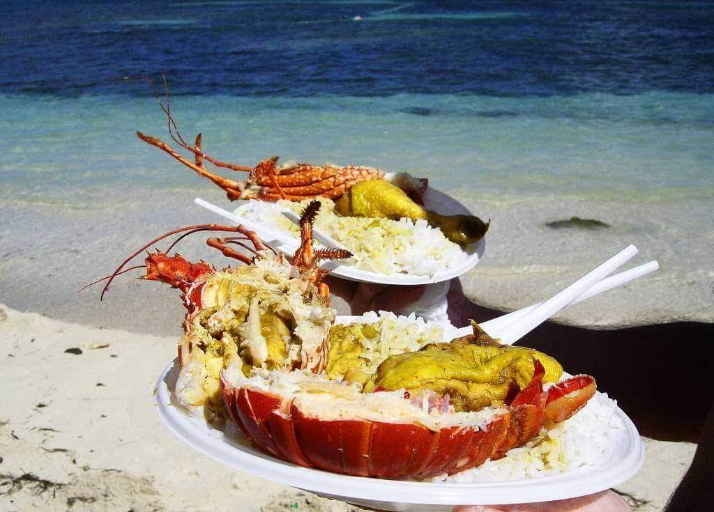 Deux assiettes de langouste grillée accompagnée de riz, tenues devant la mer turquoise