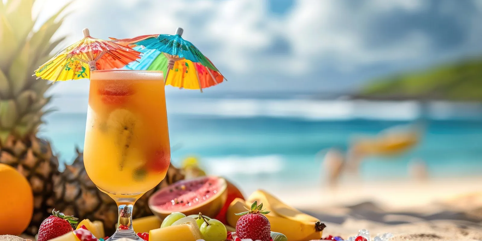 Cocktail de fruits frais décoré d'ombrelles colorées, entouré d'ananas et de fruits tropicaux face au lagon